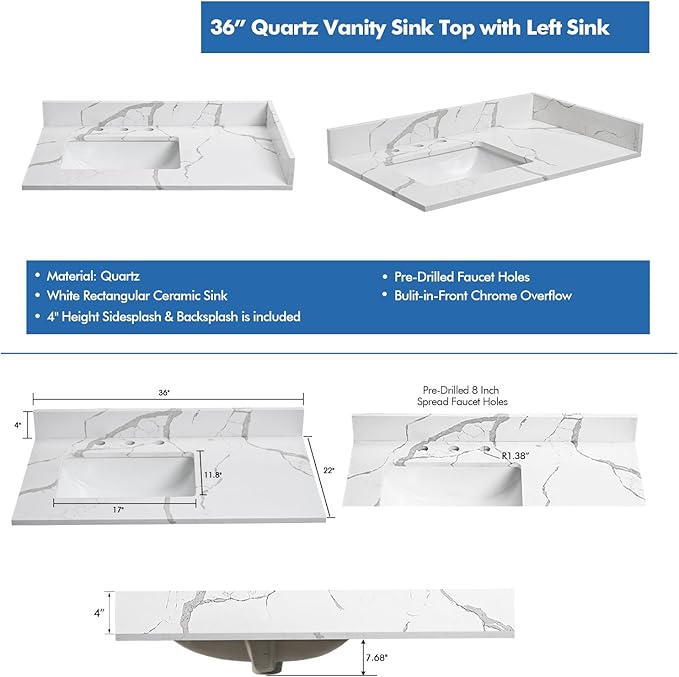 36 in.W x 22 in.D Quartz Calacatta River Vanity Top,with Undermount Left Offset Sink Vanity Top,with Two Sidesplash & One Backsplash,8 Inch Faucet Hole Spread Bathroom Vanity Sink Countertop