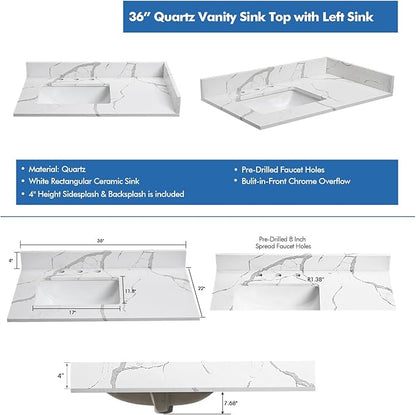 36 in.W x 22 in.D Quartz Calacatta River Vanity Top,with Undermount Left Offset Sink Vanity Top,with Two Sidesplash & One Backsplash,8 Inch Faucet Hole Spread Bathroom Vanity Sink Countertop
