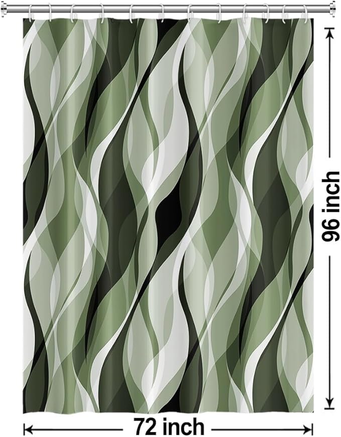 Sage Green Shower Curtain, Abstract Ombre Green and Grey Striped Shower Curtain Set for Bathroom Waterproof Polyester Shower Curtain with Hooks, 72x96 Inch