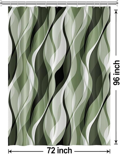 Sage Green Shower Curtain, Abstract Ombre Green and Grey Striped Shower Curtain Set for Bathroom Waterproof Polyester Shower Curtain with Hooks, 72x96 Inch