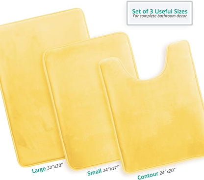 Clara Clark 3 Piece Bathroom Rugs Bath Mat Set, Velvet Memory Foam Bath Mats for Bathroom - Non-Slip, PVC Backing Bath Rugs, Washable - Dries Quickly, Yellow