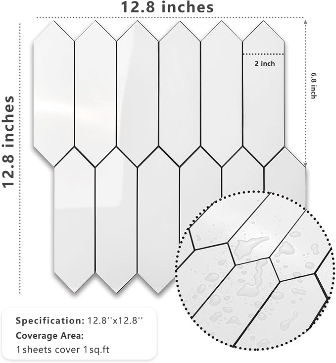Vamos Tile 1 Sheet Glossy White Backsplash Tile Peel and Stick, 12.8 x 12.8 Inch Long Hexagon PVC Self Adhesive Mosaic Wall Tiles with Dark Gray Grout Stick on Backsplash for Kitchen and Bathroom