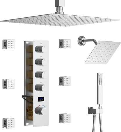 Chrome Shower System Tempreature Display Shower Fuacet Set | 12 inch and 8 inch Full Body Shower Head, with 6 PCS Body Jet and Handheld Spray
