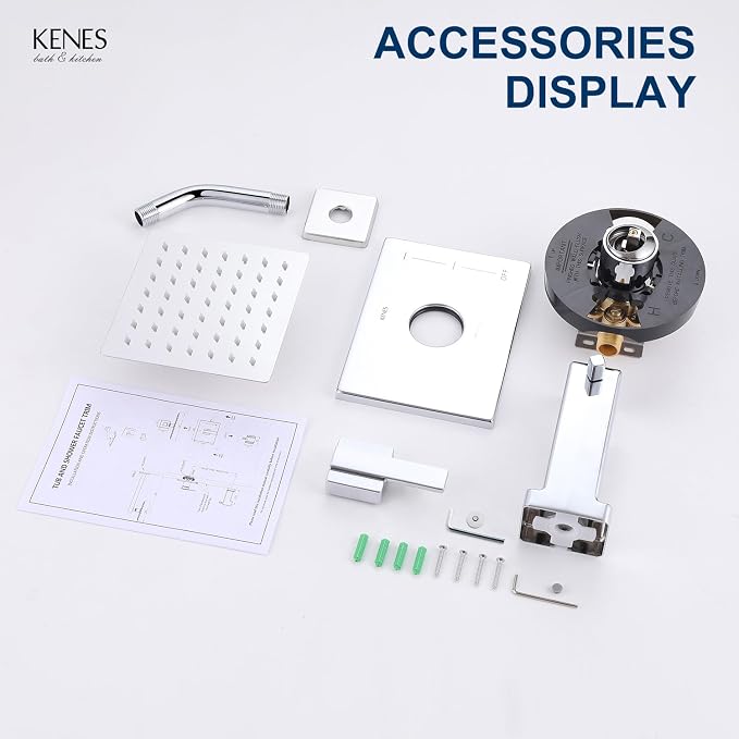 KENES Chrome Tub and Shower Trim Kit, Square Shower Set with Tub Faucet | Shower Faucet with 6-Inch Rain Shower Head, Square Shower System, Valve Included, Lead-Free cUPC & NSF Certified, Stainless