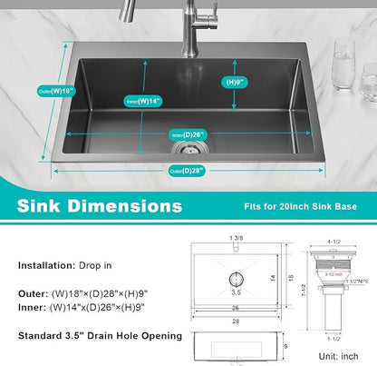 28x18 Inch Drop in Kitchen Sink Single Hole 304 Stainless Steel | Topmount Single Bowl Sink with Black Finish, Large Basin for Family Kitchen, Bar and Prep Area