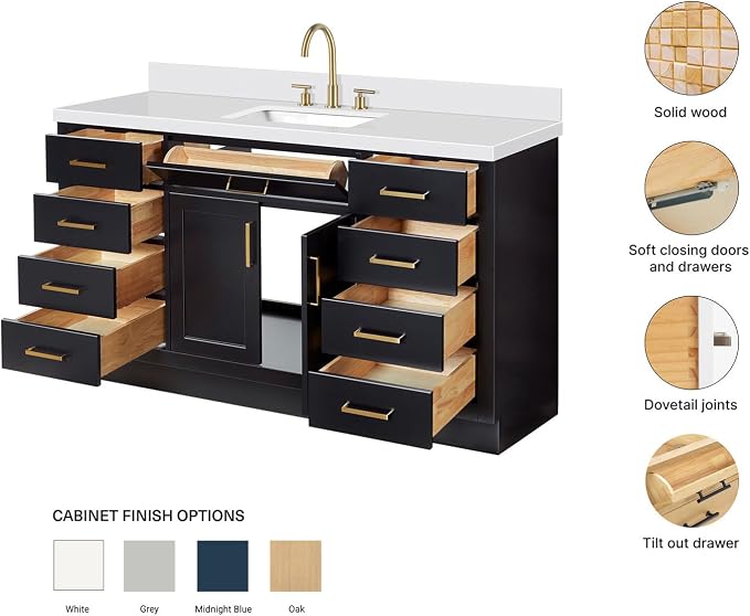 ARIEL Hepburn 60-inch Bathroom Vanity with Sink,Solid Wood, 1.5-inch Pure White Quartz Countertop & Backsplash, Single Rectangular Porcelain Sink, 2 Soft Closing Doors, 9 Dovetail Drawers, Black