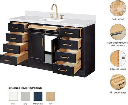 ARIEL Hepburn 60-inch Bathroom Vanity with Sink,Solid Wood, 1.5-inch Pure White Quartz Countertop & Backsplash, Single Rectangular Porcelain Sink, 2 Soft Closing Doors, 9 Dovetail Drawers, Black