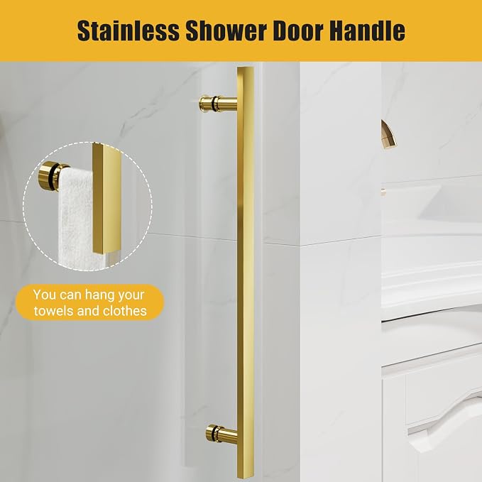Shower Glass Door with Waterroof Seal Strip (56-60" W x 75 "H), Frameless Shower Sliding Door with Clear SGCC Tempered Glass 5/16" (8mm), Stainless Steel Hardware, Gold