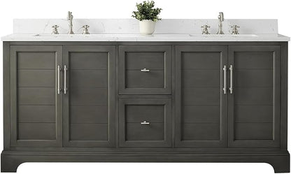 HOMEBEYOND 72 Inch Bathroom Vanity with Double Sink & Ceramic Top, Vanity Cabinet with Center Countertop Basin, Soft-Closing Doors, Backsplash, Sliver Grey