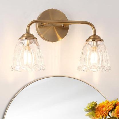 Vintage Brass Vanity Light, 2-Light Bathroom Lighting Fixtures Over Mirror, Elegant Vanity Lighting for Bathroom with Clear Glass Shade, Gold Wall Sconce Lighting for Bedroom, Living Room