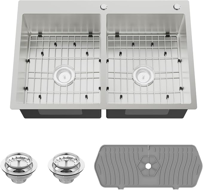 33x22In Drop-in Kitchen Sink, Stainless Steel,50/50 Equal Double Bowl | Modern Topmount Kitchen Sink Combo, Include SS Grid,Silicon Mat,Drain Assembly Set, Compatibility With Various Kitchen Style