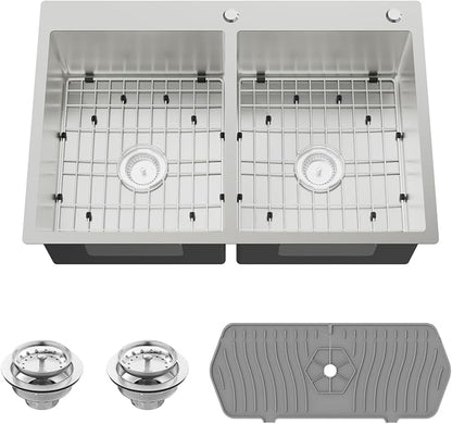 33x22In Drop-in Kitchen Sink, Stainless Steel,50/50 Equal Double Bowl | Modern Topmount Kitchen Sink Combo, Include SS Grid,Silicon Mat,Drain Assembly Set, Compatibility With Various Kitchen Style