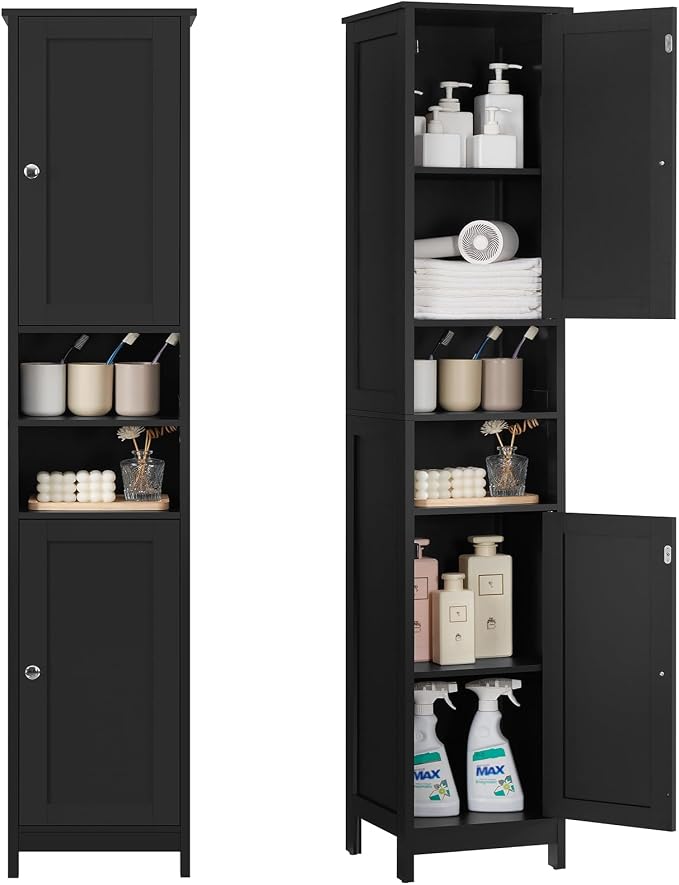 TEENFON 67" Tall Bathroom Cabinet with Adjustable Shelves and Doors | Narrow Bathroom Storage Cabinet for Small Space, Living Room, Entryway, Kitchen, Black