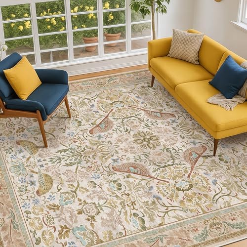 Washable Area Rugs 5x8 for Bedroom - Western Nature Rugs for Living Room, Dining Room,Playroom, Guest Room with Boho Beige Neutral Botanical & Bird Pattern, Non Slip Stain Resistant Low Pile
