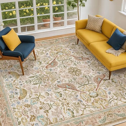 Washable Area Rugs 5x8 for Bedroom - Western Nature Rugs for Living Room, Dining Room,Playroom, Guest Room with Boho Beige Neutral Botanical & Bird Pattern, Non Slip Stain Resistant Low Pile