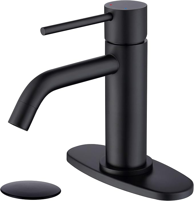 Matte Black Bathroom Faucet Single Hole, JXMMP Single Handle Bathroom Sink Faucets with Pop Up Drain and 6 inch Deck Plate and cUPC Water Supply Hose