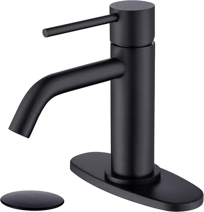 Matte Black Bathroom Faucet Single Hole, JXMMP Single Handle Bathroom Sink Faucets with Pop Up Drain and 6 inch Deck Plate and cUPC Water Supply Hose