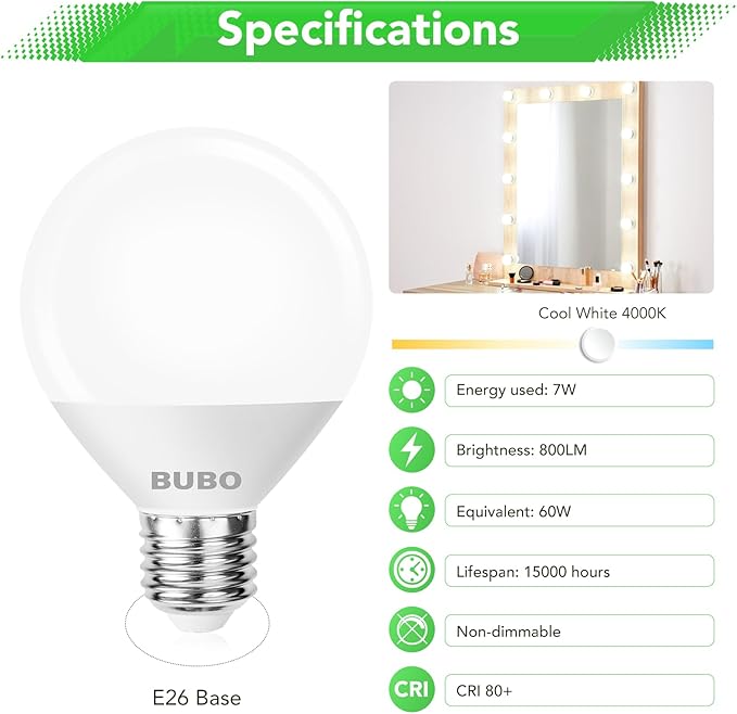 BUBO Vanity Light Bulbs 60 Watt Equivalent, Bathroom Light Bulbs Cool White 4000K, G25 Globe Round Light Bulb 800 Lumens, E26 Medium Base, 7W, Non-Dimmable, 6 Pack