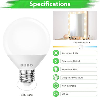 BUBO Vanity Light Bulbs 60 Watt Equivalent, Bathroom Light Bulbs Cool White 4000K, G25 Globe Round Light Bulb 800 Lumens, E26 Medium Base, 7W, Non-Dimmable, 6 Pack