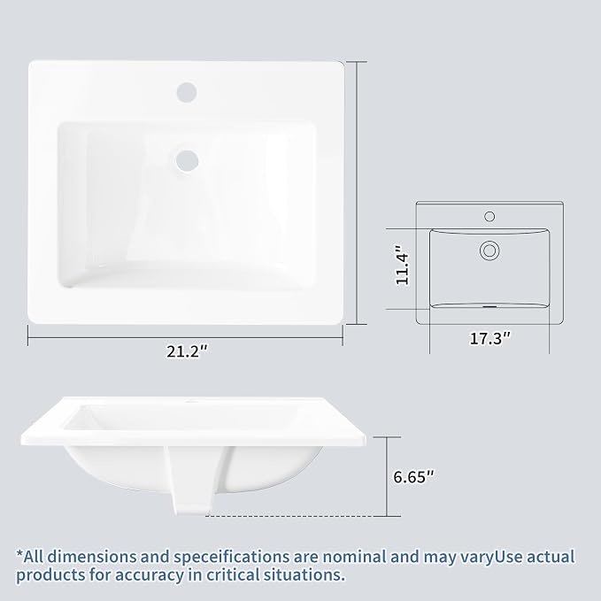 Bathroom Vessel Sink Semi-Recessed Square Ceramic Basin 21.26×17.72×6.65 inch, Single Faucet Hole Countertop Sink for Modern Bathroom Vanity, Guest Washroom and Apartment Renovation