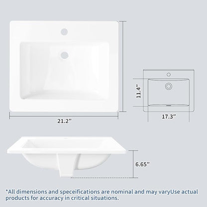 Bathroom Vessel Sink Semi-Recessed Square Ceramic Basin 21.26×17.72×6.65 inch, Single Faucet Hole Countertop Sink for Modern Bathroom Vanity, Guest Washroom and Apartment Renovation