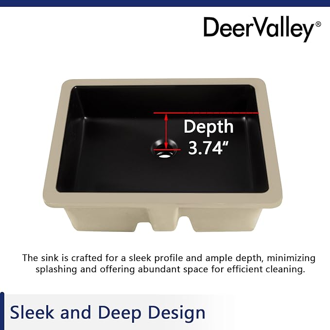 DeerValley 20x16 Inch Black Rectangular Undermount Bathroom Sink, Porcelain Ceramic Vessel Sink with Overflow, Modern Vanity Basin, DV-1U201B