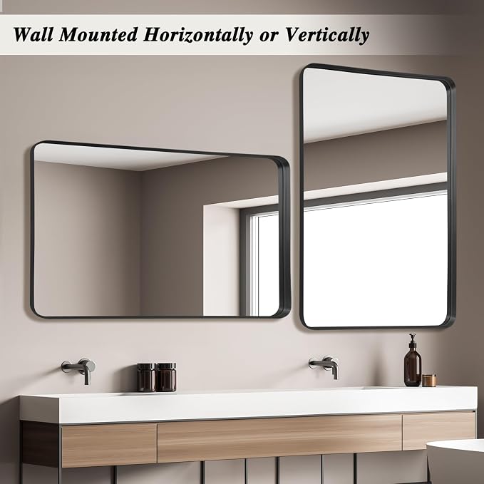 Anpark Wall Mirror 30" x 40" for Bathroom Black Metal Deep Frame Mirror for Wall Decorative Rectangular Round Corner Wall Mounted Vanity Mirror for Bedroom Living Room Entryway Wall Decor