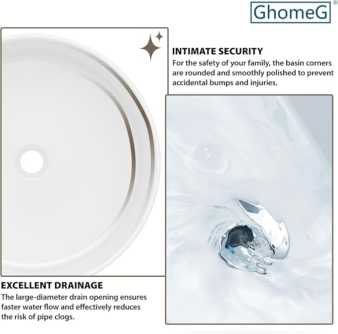 White Bathroom Vessel Sink Ceramic Vanity Art Basin Above Counter | 15"x15" Round Bathroom Sink Porcelain Vessel Vanity Sink