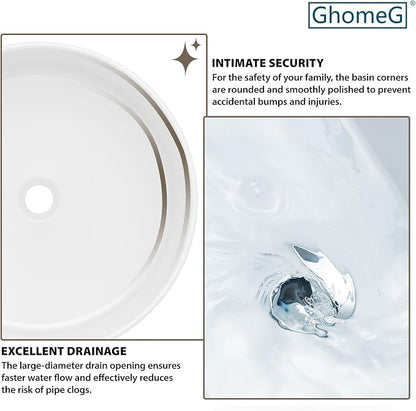 White Bathroom Vessel Sink Ceramic Vanity Art Basin Above Counter | 15"x15" Round Bathroom Sink Porcelain Vessel Vanity Sink