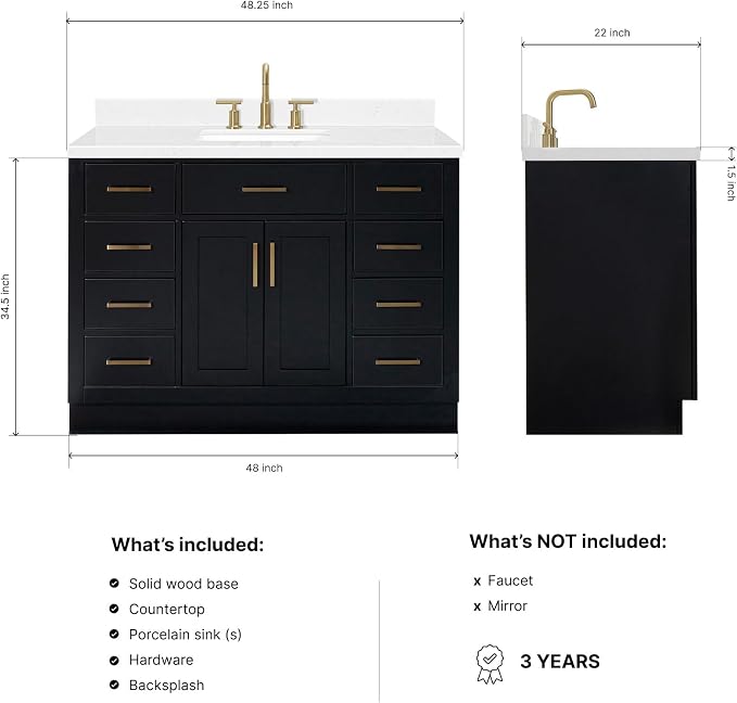 Isabella 48-Inch Bathroom Vanity with Sink — Black Single Sink Bathroom Vanity, 1.5" Edge Carrara Quartz Countertop, Solid Wood, 2 Soft-Close Doors, 8 Dovetail Drawers + Tilt Drawer