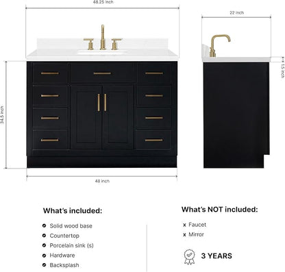 Isabella 48-Inch Bathroom Vanity with Sink — Black Single Sink Bathroom Vanity, 1.5" Edge Carrara Quartz Countertop, Solid Wood, 2 Soft-Close Doors, 8 Dovetail Drawers + Tilt Drawer