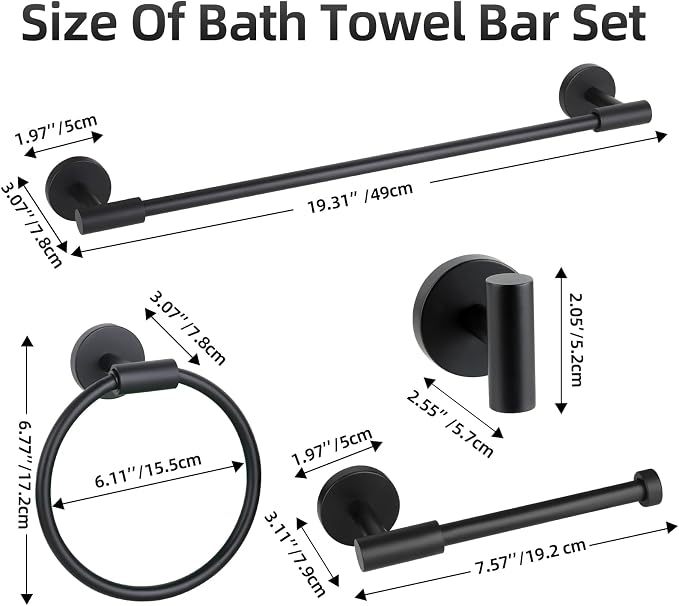 Matte Black Bathroom Hardware Accessories Towel Bar Set 5 Pieces | Stainless Steel Black Towel Rack Set Including 19in Towel Bar Wall Mounted, Bathroom Towel Holder, Towel Ring, Towel Hooks
