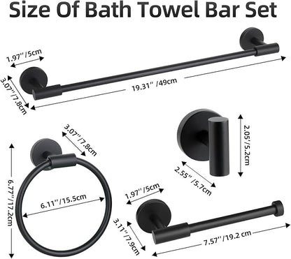 Matte Black Bathroom Hardware Accessories Towel Bar Set 5 Pieces | Stainless Steel Black Towel Rack Set Including 19in Towel Bar Wall Mounted, Bathroom Towel Holder, Towel Ring, Towel Hooks