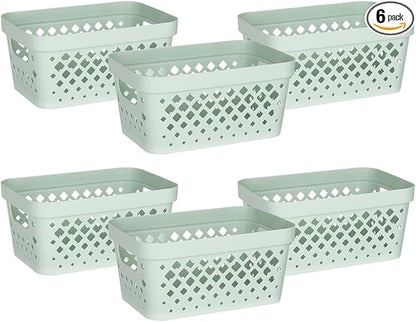 Glad Plastic Baskets for Organizing, Set of 6 | Pantry Storage for Under Counter, Linen Closet, and Bathroom | Nesting Shelf Bins with Handles, 1 Gallon, Sage