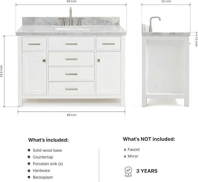 Alenza 48" White Bathroom Vanity with Sink, 1.5" Edge Italian Carrara Marble Countertop, Rectangular Undermount Sink, 2 Soft Closing Doors, 5 Dovetail Drawers