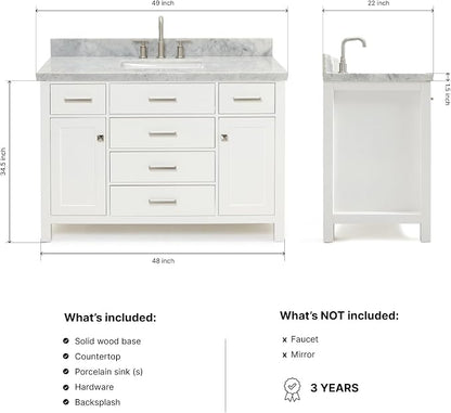 Alenza 48" White Bathroom Vanity with Sink, 1.5" Edge Italian Carrara Marble Countertop, Rectangular Undermount Sink, 2 Soft Closing Doors, 5 Dovetail Drawers
