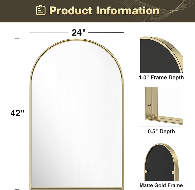 Brightify Gold Arched Mirror, 24 x 42 Inch Arched Bathroom Mirror, Brass Metal Frame Bathroom Mirror, Arch Top Wall Vanity Mirrors for Living Room Bedroom Mantel Entryway Hallways
