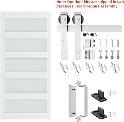 SMARTSTANDARD 40 x 84 in Glass Barn Door with 7FT Silver Sliding Hardware | Brushed Nickel Sliding Hardware Kit & Handle, Pre-Drilled Ready to Assemble, Waterproof PVC Coating, White, 5-Panel Glass