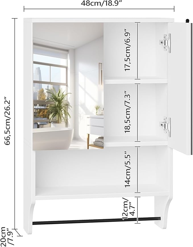 Bathroom Wall Cabinet with Mirror, Medicine Cabinet with 2 Door and Adjustable Shelf, Wall Mounted Over The Toilet Storage Cabinet for Bathroom Laundry Room Kitchen, 18.9"W x 26.2"H, White
