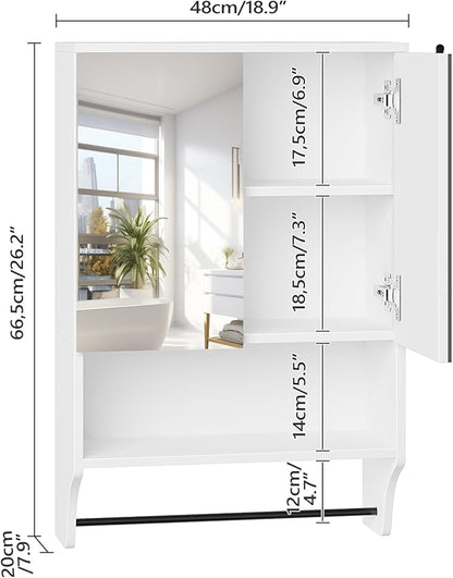 Bathroom Wall Cabinet with Mirror, Medicine Cabinet with 2 Door and Adjustable Shelf, Wall Mounted Over The Toilet Storage Cabinet for Bathroom Laundry Room Kitchen, 18.9"W x 26.2"H, White