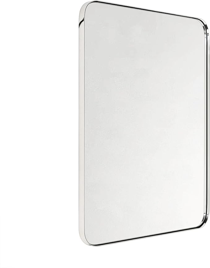GRACTO 24x30'' Polished Nickel Metal Framed Bathroom Mirror for Wall in Stainless Steel Rounded Rectangular Bathroom Vanity Mirrors Wall Mounted
