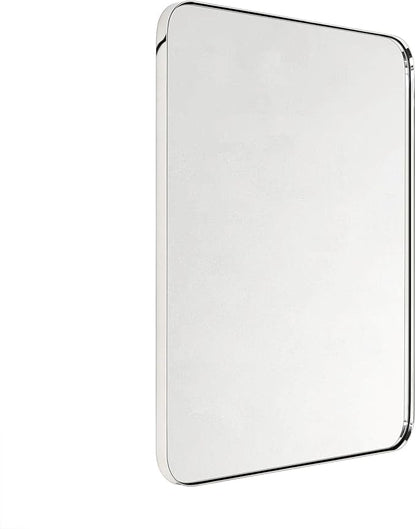 GRACTO 24x30'' Polished Nickel Metal Framed Bathroom Mirror for Wall in Stainless Steel Rounded Rectangular Bathroom Vanity Mirrors Wall Mounted