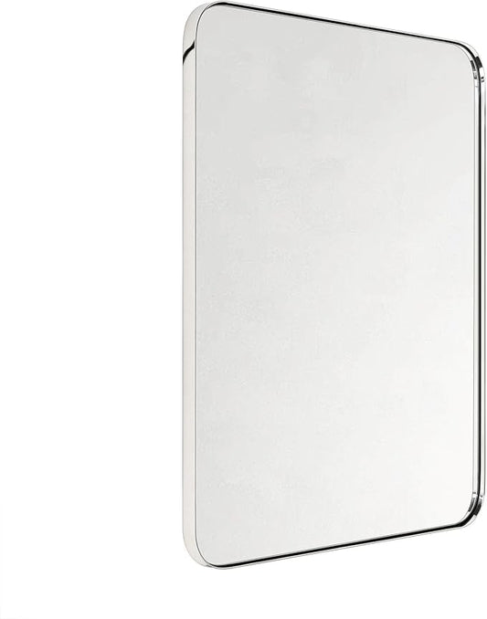 GRACTO 24x30'' Polished Nickel Metal Framed Bathroom Mirror for Wall in Stainless Steel Rounded Rectangular Bathroom Vanity Mirrors Wall Mounted
