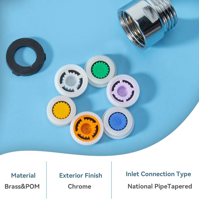 MAYYAYA 7-Pc Brass Shower Flow Saver Kit, 1/2", 6 Color Options | MAYYAYA brass flow saver kit: 6 color-coded reducers (1.2-2.5 GPM); durable 1/2" connector; fits fixed & handheld showers