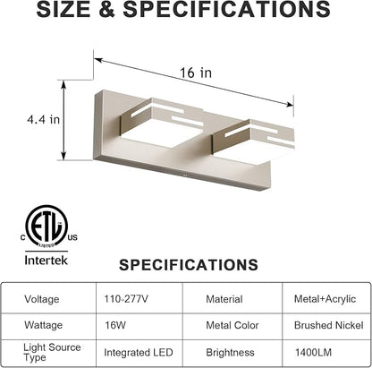 LED Modern Bathroom Vanity Light Fixtures, Dimmable Brushed Nickel Vanity Lights for Bathroom Lighting Fixtures Over Mirror, with 360° Rotatable Acrylic Heads 2-Light 16-inch (Cool White 6000K)