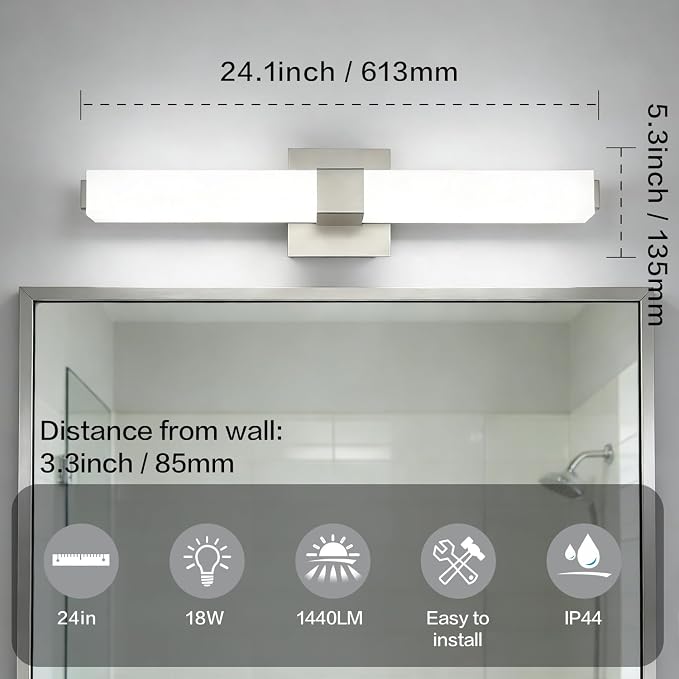 Bathroom Light Fixtures Over Mirror: 24 Inch Brushed Nickel Modern Minimalist LED Vanity Light Waterproof 6000K Cool White