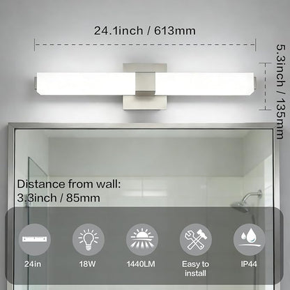 Bathroom Light Fixtures Over Mirror: 24 Inch Brushed Nickel Modern Minimalist LED Vanity Light Waterproof 6000K Cool White