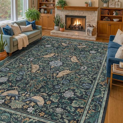 Soft Washable 9x12 Area Rug for Living Room, Bedroom Stain Resistant - Dark Blue Dining Rugs for Under Table, Non-Slip 9 by 12 Low Pile Boho Room Décor for Bedroom, Vintage Bird Floral Design Carpet
