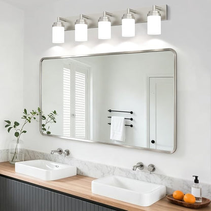Bathroom Light Fixtures, Brushed Nickel Bathroom Lighting Fixtures Over Mirror, Modern Vanity Light with White Glass Shade, Restroom Lighting Fixtures, 5-Light 36-inch