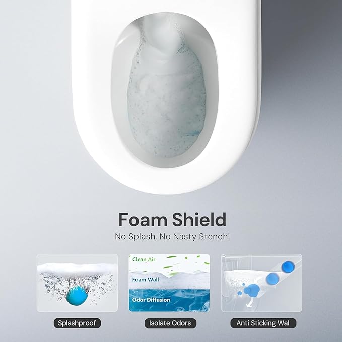 Smart Toilet with Bidet Built-In and Tank – Foam Shield, Heated Seat, Dual Flush, Warm Water & Dryer, Mutiple Clean Modes, Foot Sensor, Night Light, and Wireless Remote Control